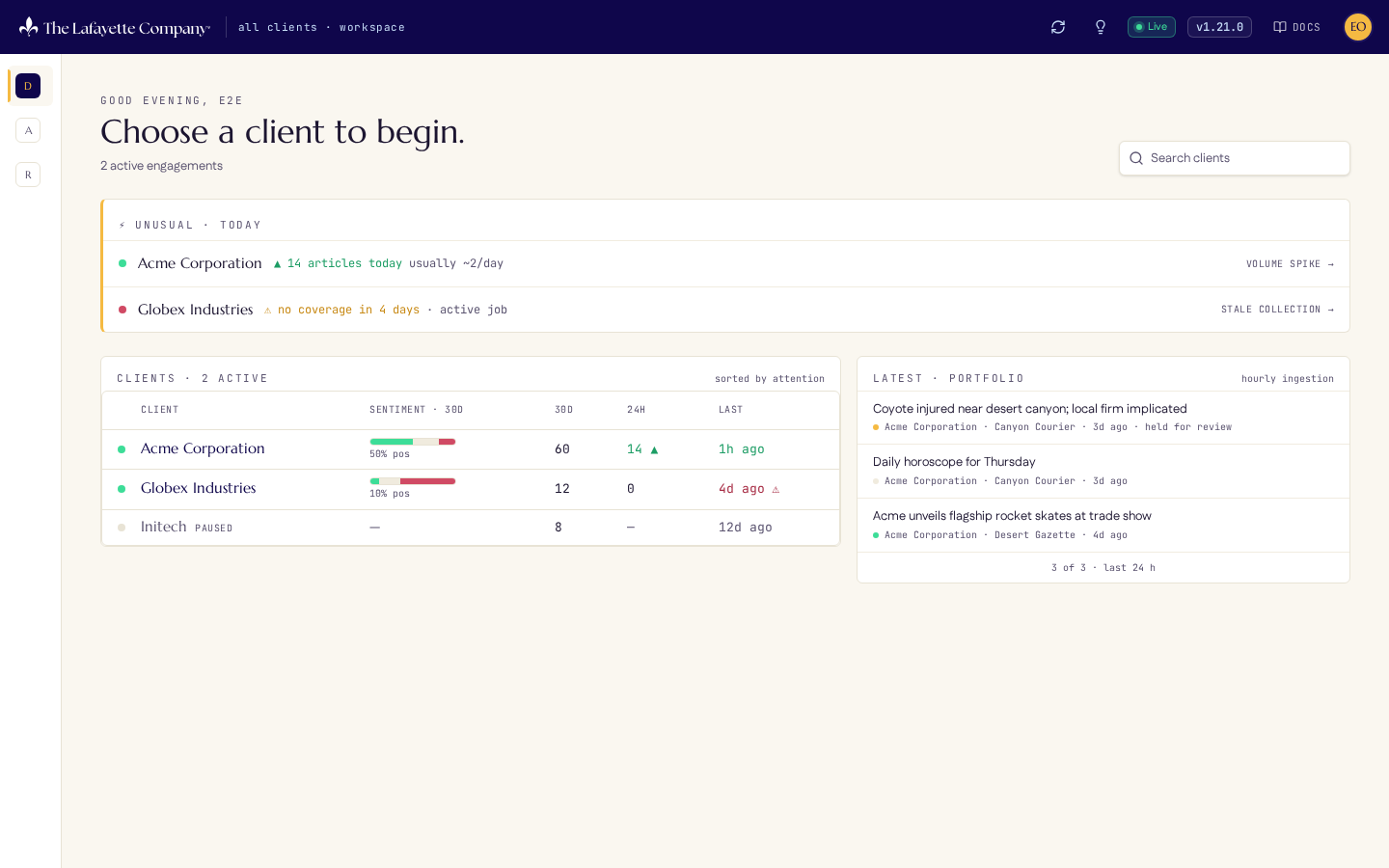 The Marquis dashboard: an attention-first view of every monitored client, with alerts for coverage spikes and stale collection.